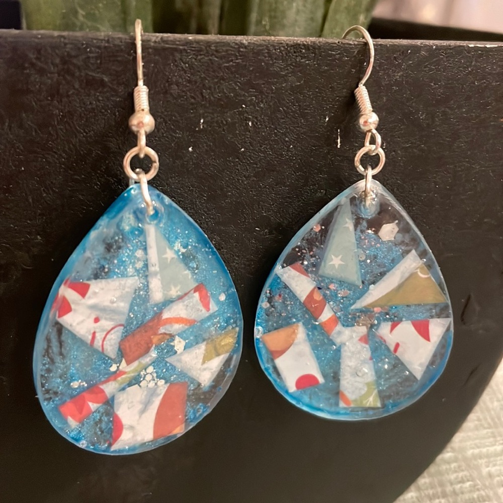 XMAS Festive Handmade Medium Holiday Earrings Blue Teardrop